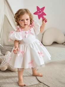 Vestido de princesa con tirantes de espagueti, mangas con volantes y lazo para niñas, adecuado para fiesta de cumpleaños, dama de honor, boda, baile de graduación, celebración festiva - Blanco - Ver 4