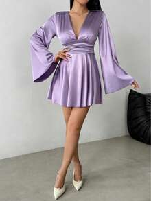 Elegant V-Neck Backless Long Sleeve Ruffle Twist Bodycon Mini Dress, Versatile & Slimming Party - Mauve Purple - View 5