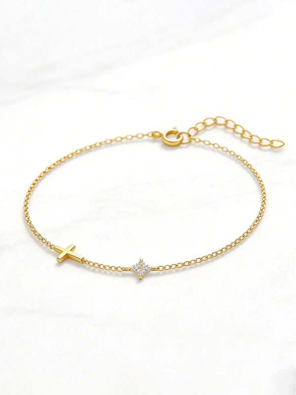 1Pc Gold Stainless Steel Cross & CZ Four Leaf Clover Bracelet, Dainty Adjustable Religious Charm Bracelet For Women, Daily Office Party Birthday Jewelry