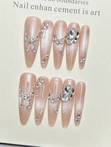 10 móng tay giả thủ công hình oval dài nhọn, móng acrylic dán siêu dài, móng hồng nhẹ nhàng, kiểu mắt mèo nổi bật, đính đá lớn hình chuỗi kim cương, kiểu móng mùa xuân thanh lịch đơn giản, móng dán mùa hè, thích hợp cho tiệc tùng, hẹn hò, đi biển, nghỉ dưỡng nhiệt đới, tự làm móng nghệ thuật, thích hợp làm quà tặng cho phụ nữ và bé gái. - Hồng - Xem 5