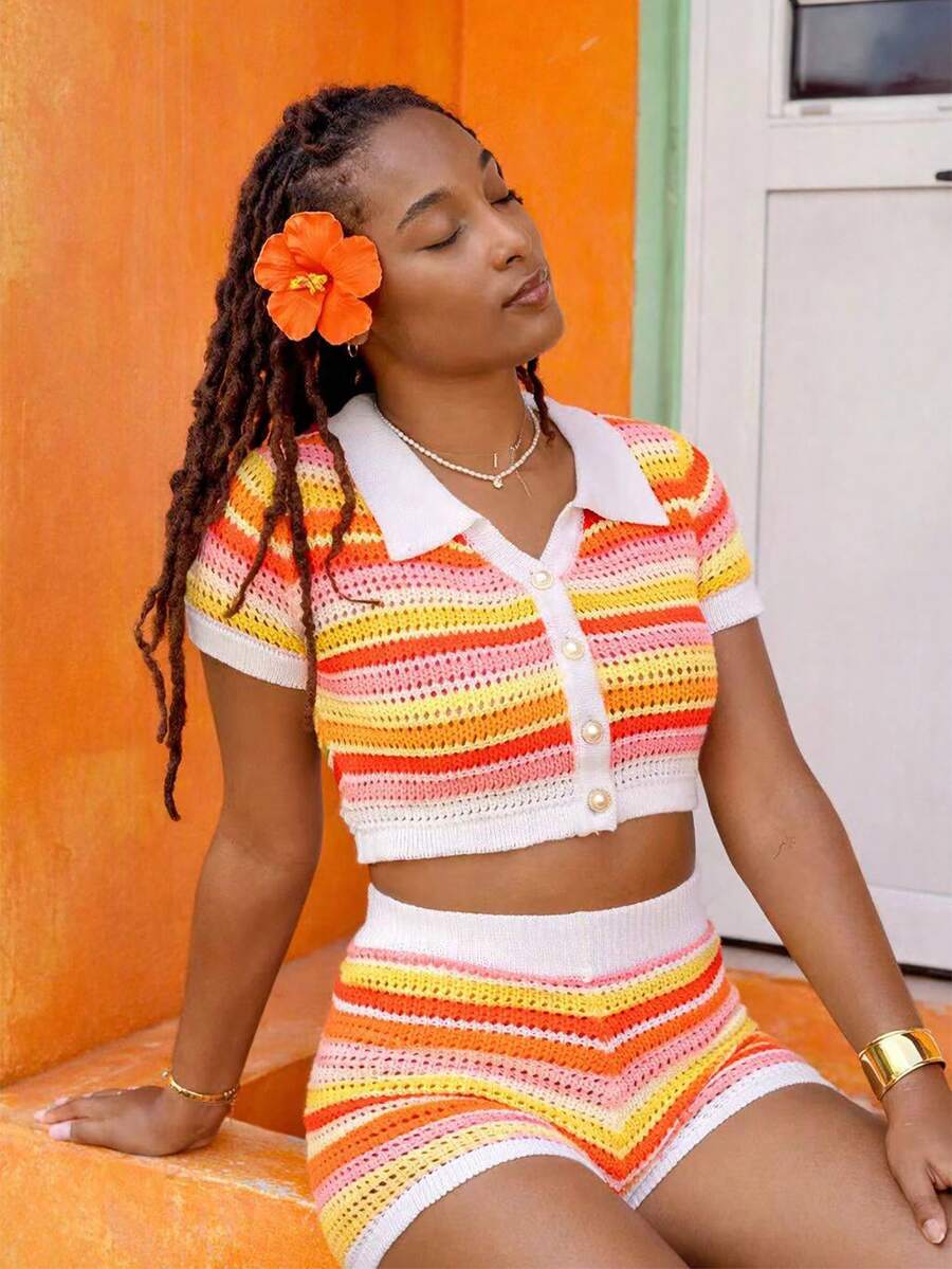 Knit Contrast Stripe Hollow Out Short Sleeve Top And Shorts 2 Pieces Set, Spring/Summer - Orange - View 1
