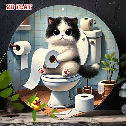 2D平面趣味厕纸猫金属墙饰 - 复古浴室艺术，黑白虎斑猫 - 轻质铝制标牌，适用于家庭、车库、咖啡馆、办公室 - 易于悬挂的卫生间装饰 - 浴室幽默礼物创意 - 7.8英寸圆形复古2D平面墙饰，带有厕纸卷和爪印 - 奇趣复古设计，适用于餐厅或浴室 - 耐用多用途装饰，2D平面，金属标牌，复古金属标牌，趣味复古金属牌匾（孔位随机）