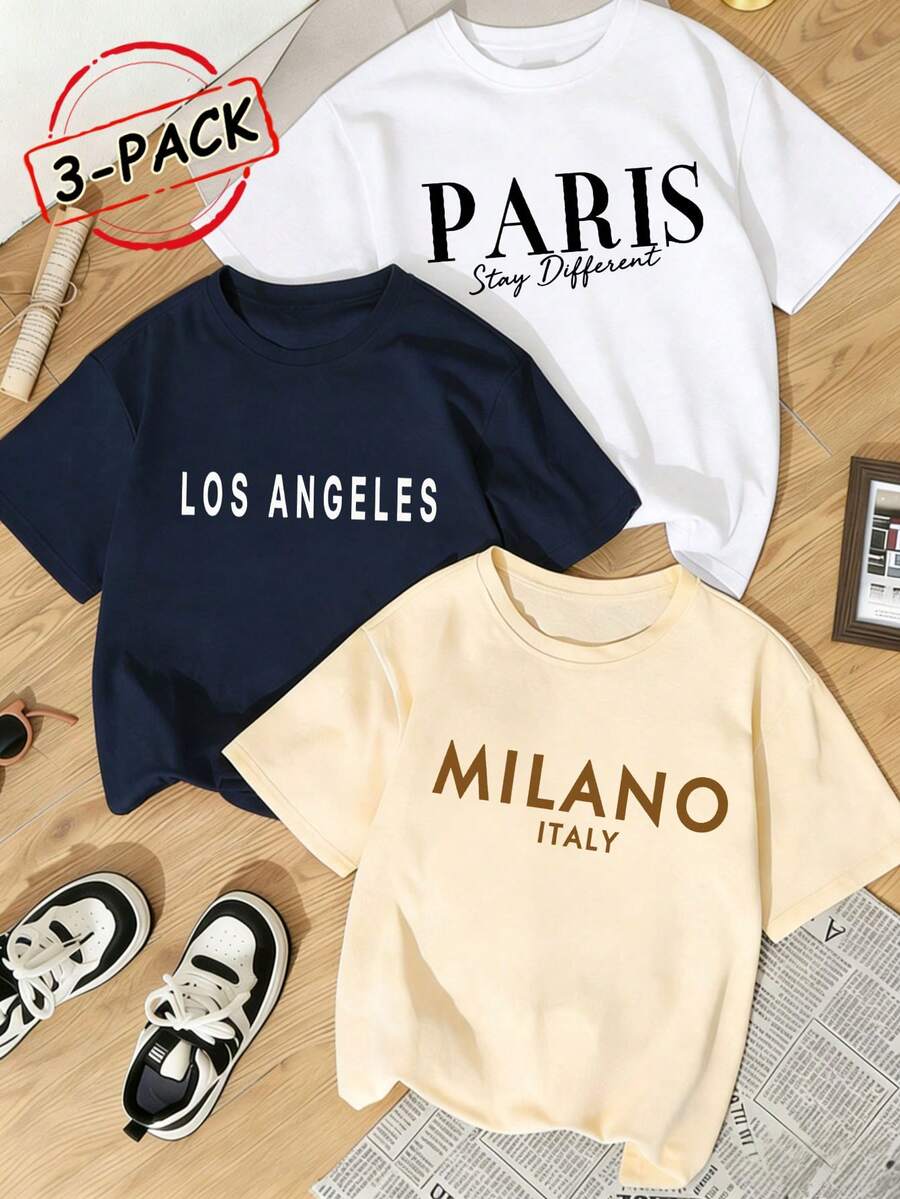 Bộ 3 áo thun nữ mùa hè cổ tròn tay ngắn, in hình các thành phố Mỹ cổ điển - Paris, Los Angeles, Milan, Ý, phong cách tối giản, thường ngày. - trắng - Xem 1