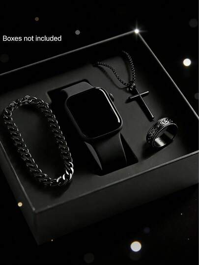 Bộ 4 món: Đồng hồ điện tử vuông màn hình LED kỹ thuật số tối giản cổ điển thời trang dành cho bé trai, bao gồm vòng tay, dây chuyền và nhẫn sang trọng. Thích hợp cho học sinh, đeo hàng ngày, đi học, dự tiệc, du lịch. Món quà lý tưởng cho bạn bè, sinh nhật, tốt nghiệp, Giáng sinh. Món quà hoàn hảo cho bé trai.