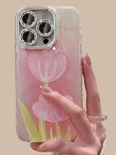 1 adet Minimalist Pembe Lale Çiçeği Tüy Desenli Şifon Elektrokaplama Lens Korumalı Telefon Kılıfı, Darbeye Dayanıklı, Tam Kapsamlı, 11/12/13/14/15/16/17/PROMAX için Uygun