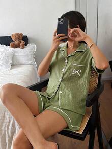 Dreamivo Pocket Bow Embroidery Ruffle Collar Pajama Set, Button Collar Top & Comfortable Shorts - Olive Green - View 3