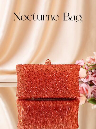 1 pieza Bolso de embrague con decoración de doble cara de cristales de color naranja brillante, correa de hombro de cadena metálica, bolso de noche elegante adecuado para ocasiones formales, bodas, fiestas, festivales, regalo para mujeres