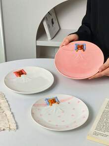 Cabin Kangaroo 1 pieza Plato de cerámica con patrón de oso 3D lindo, plato de cena con diseño de oso en relieve kawaii, plato estético para postres y desayuno, apto para microondas, adecuado para decoración del hogar y regalos - Multicolor - Ver 12