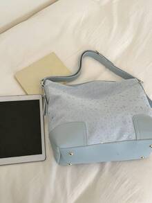 【复古水洗托特包 - 做旧五金单肩包，适合成熟女性，多隔层防水，焦糖棕色极简风格，适合通勤、上学、逛街，四季皆宜】 - 淺藍色 - 查看 7