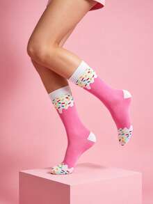 1/5 Đôi tất nữ Dopamine họa tiết kem, dễ thương và năng động, thời trang, đa năng, dài đến bắp chân, thích hợp cho mùa xuân, hè và thu. - Hồng - Xem 4