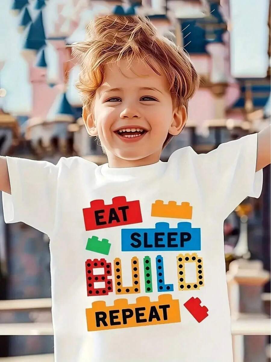 Boys' Building Block-Inspired Building Block Print T-Shirt - Soft Breathable 100%, White With Colorful Building Block Brick Lettering & Interlocking Bricks Design, Casual Summer Playwear For Building Block Fans, Machine Washable Kids' Everyday Outfit, Round Neck Short Sleeve Comfortable Fabric For Boys, & Healthy, Ideal For Building And Playtime - màu đen - Xem 1