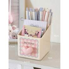1pc Desktop Stationery Storage Box, Dual-Layer Design, Heart Pattern, Pen Holder, Large Capacity Makeup Brush Organizer, Suitable For Storing Stationery, Pens, Rulers, Great For Students Back To School And Office Supplies, Christmas Gift, Gift For Friends - Hồng - Xem 14