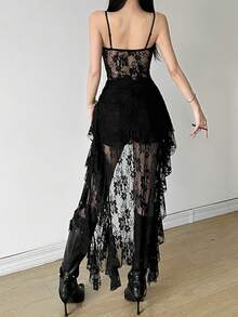 YeonC Solid Color Lace Patchwork Sheer Ruffle Hem Sexy Camisole Dress - Black - View 2