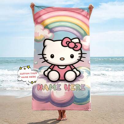SANRIO Customized Name Blanket With Hello Kitty Design, Personalized Name Printing, Modern Style Polyester Fabric, Suitable For Beach, Yoga And Sports - 240g Knitted Fabric - Unisex - Suitable For Summer And Outdoor Activities
