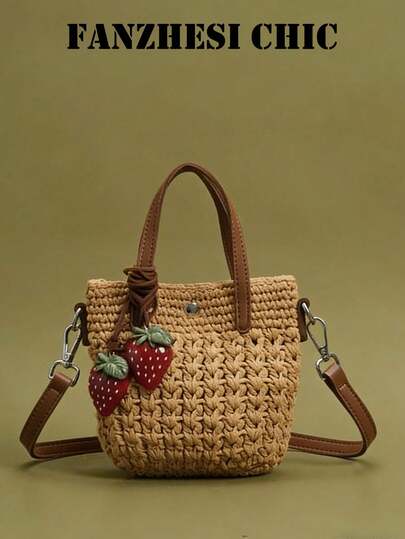 This 2026 Spring/Summer New Hollowed-Out Woven Bag In Khaki Is A Solid Color With A Strawberry Charm, Making It Sweet And Cute. It Features An Adjustable And Detachable Shoulder Strap For Single-Shoulder, Hand-Carry, Or Crossbody Use. The Lightweight And Portable Magnetic Closure Design Combines Style And Practicality. Perfect For A Relaxed, Vacation-Ready Look, Ideal For Shopping, Travel, And Leisure.