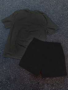 Fashion 2PC Set - Streetwear  Dark Skull Pattern Printed T-Shirt+Shorts, 100% Polyester Fiber, Breathable And Comfortable Streetwear Set - 黑色 - 查看 2