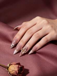 10pcs/1set Handmade Press On Nails For Women, 3D Acrylic Long Stiletto Fake Nails, Hand Painted Leopard Print & 3D Flower Design With Gold French Line, Luxury Reusable Artificial Manicure Nails For Bridal And Casual Wear - Nhiều màu - Xem 9