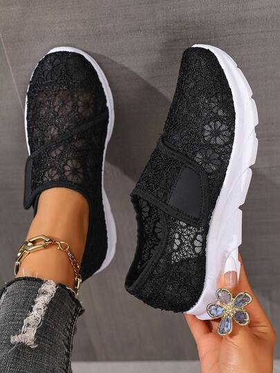 Women's Thick Sole Hollow Lace Casual Shoes, Sports Style Hook And Loop Slip-On Sneakers, Versatile For Commuting And Outdoor Wear, Summer