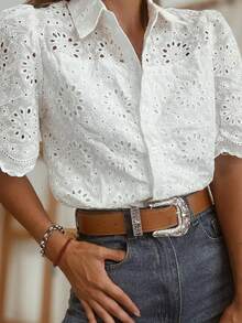 Áo kiểu nữ Look Polly mùa hè phong cách Bohemian Pháp màu trắng khoét lỗ thêu họa tiết, tay ngắn, cổ bèo nhún, thích hợp cho kỳ nghỉ biển, tiệc tùng và mặc thường ngày. - trắng - Xem 5