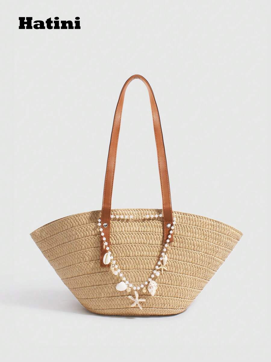 Bolso de playa de paja tejido a mano Hatini, de gran capacidad, con decoración de perlas falsas, estrellas de mar y conchas, estilo de moda europeo y americano de resort, regalo para novia o mejor amiga - Caqui - Ver 1