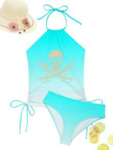 Women'S Tankini Swimwear Featuring A Pirate Skull And Crossbones Design, Perfect For Halloween And Rave Parties. This Elegant Bathing Suit Is Ideal For Beach Outings, Pool Gatherings, And Water, Showcasing A Cute Style, Durable Fabric - Light Blue - 查看 6