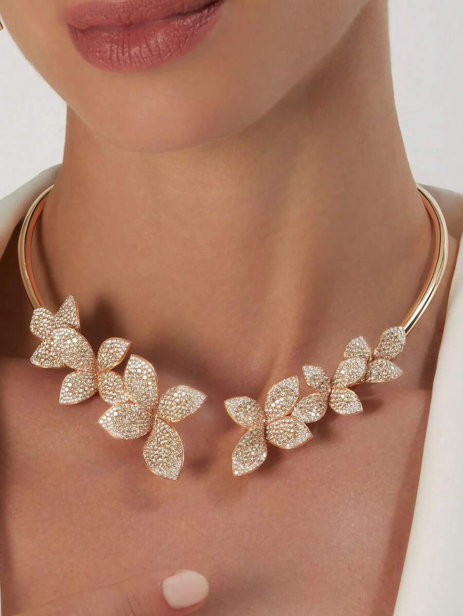 Fashionable Women's Multi-Crystal Teardrop Metal Hoop Choker Necklace - Gold - View 1