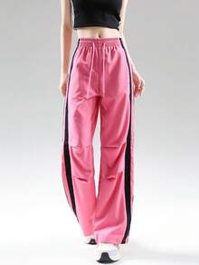 JUTU Spring/Summer Loose Woven Fabric Contrast Color Side Stripe Pleated Drawstring Women's Fashion Wide Leg Pants, Youthful Sweet Style, Lightweight & Comfortable For Casual/Holiday Wear - 0B52 Pink and Black - View 3