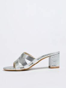 Women's Fashion Round Toe Mule Slip-On Sandals With Criss-Cross Strap And Chunky Heel, Party Style - Silver - View 4