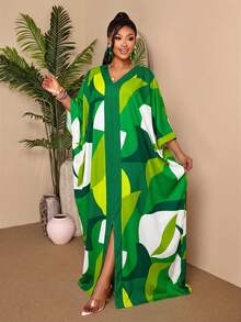 BIUBIU Plus Size Women's Elegant Casual Summer Maxi Dress - Green & White Geometric Print V-Neck Batwing Kaftan Dress, Suitable For Vacation & Beach Spring - White Green - View 4