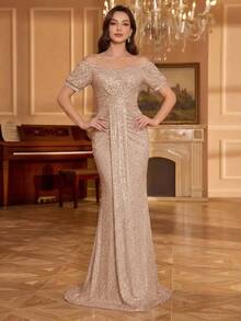 香槟色亮片连衣裙，露肩泡泡袖长款连衣裙，褶皱鱼尾裙摆礼服，正式派对鸡尾酒会礼服，优雅迷人的晚礼服 - 杏色 - 查看 2