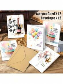 24pcs Birthday Card Set With Envelopes, Includes 24pcs Watercolor Balloon & Cake Happy Birthday Cards, Suitable For Any Occasion Like Christmas, Thank You, Congratulations And Sentimental Themes - Multicolor - View 3