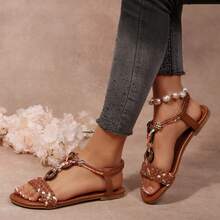 Comfort Walking Colorful Woven Braided Bohemian Sandals For Women Summer Beach Shoes Flats - 棕色 - 查看 4