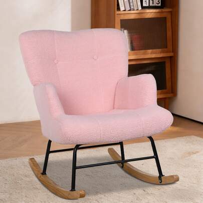 Silla Mecedora para Salón, 450 Libras, con Patas de Madera y Estructura de Hierro de Alta Calidad, Relleno de Espuma de Alta Resiliencia, Silla cómoda con Tapizada en Felpa Teddy, Asiento y Respaldo Acolchados, Elegante y Cómoda, Ideal para Sala de Estar, Recámara, Guardería