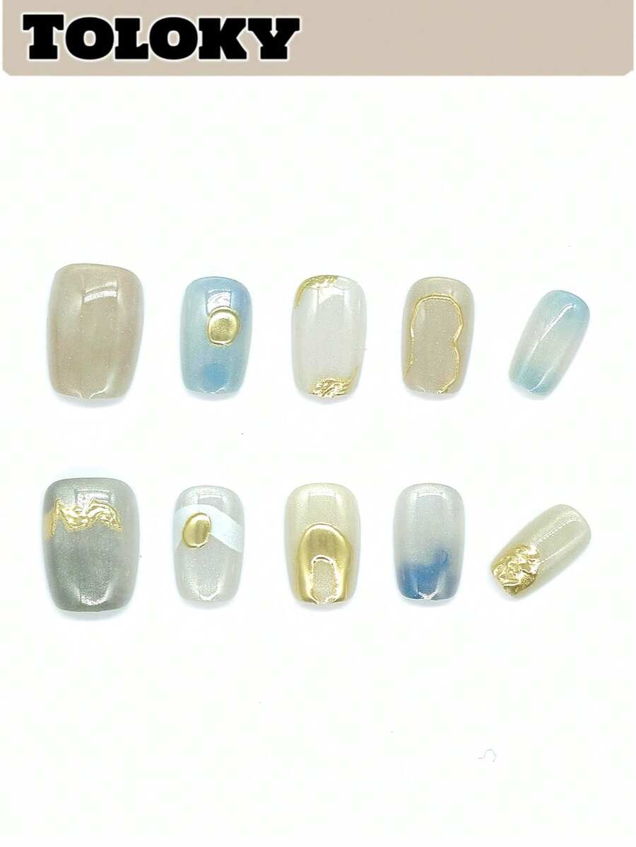 10片手工制作的短款椭圆形猫眼金属光泽美甲贴纸,包含3件美甲工具、美甲凝胶及其他美甲用品,适合女性和女孩日常、派对、旅行、上学、圣诞节等场合。 - 彩色 - 查看 1
