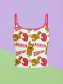 SHEIN X SCOOBY-DOO Women's Cute Cartoon Print Camisole Tank Top And Contrast Trim Shorts 2 Pieces Set Red Elegant Summer - Red - View 4