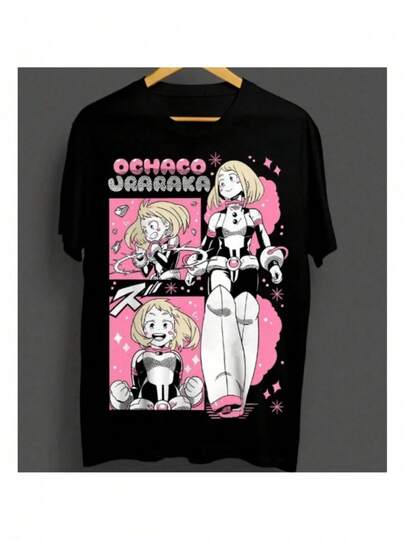 Men's T-Shirt Ochaco Uraraka Hero Costume Action Pose Comfortable And Versatile Outdoor Casual Short Sleeve Is Suitable For Everyday Casual Wear, Comfortable Short-Sleeve Shirt, Suitable For All Seasons, Machine Washable, Men's Clothing, Men's Patterned T-Shirt, Women's Patterned T-Shirt, Men's Apparel, Patterned T-Shirt, Cool T-Shirt, Men's, Men's Clothing, Fun Shirt, Summer Top, Summer, Vacation Outfit, 100% Cotton Black T Shirt, Unisex