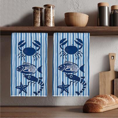 2条装蓝色极简海洋主题图案厨房毛巾，蓝白条纹海洋生物元素，长方形超柔软纤维厨房毛巾，可作洗碗布、清洁抹布、手巾、烹饪烘焙茶巾、厨房装饰、乔迁/生日礼物、浴室清洁湿巾、装饰毛巾