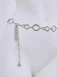 Metal Chain Decor Waist Belt For Women, Minimalist Versatile Waist Chain Accessory For Dresses, Hollow Circle Design Fall, Autumn, Halloween - Silver - View 2