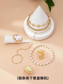 7pcs/Set Bohemian Style Faux Pearl Beaded Bracelet Set And Shell Ring Set, Summer Beach Vacation Jewelry Set For Women (Beads And Chain Quantity Randomly Assorted) - Multicolor - View 4