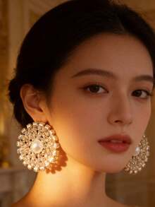 Bông tai dáng giọt nước tròn lớn đính pha lê và ngọc trai, bông tai mặt dây chuyền đính đá sang trọng, quà tặng thời trang cho phụ nữ, thích hợp cho tiệc cưới. - Nhiều màu - Xem 3