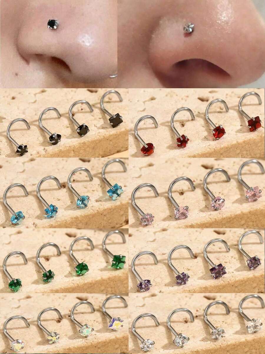 4pcs/Set Versatile Fashion Accessories - Round Star, Heart, Square Cubic Zirconia Nose/Lip/Cartilage Studs, 0.8x7mm Stainless Steel Nose/Ear Rings, Suitable For Women Body Piercing Jewelry - Bent Rod Nose Pin 4-piece Set - View 1