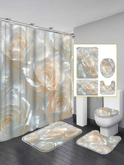 1/4件套浴室浴帘套装，3D香槟白玫瑰印花，奢华浪漫，优雅美观，防水耐用。包含12个挂钩、配套马桶盖套、浴垫和地垫。采用优质合成面料，可机洗，防霉，适用于节日庆典、家居装饰、卧室、客厅和夏季装饰。