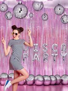 2pcs Silver Foil Fringe Curtains, Shiny Metallic Pink Background, Suitable For Decorating Birthday, Wedding, Party, 70s, 80s, 90s Disco Theme, Bachelorette Party, Rainbow Party, Winter Christmas Decor - Hồng - Xem 6