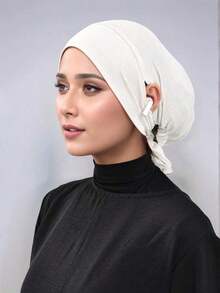 1pc Women Plain Color Earhole Hijab Cap, Lightweight Elastic Tied Headband Hijab Accessories, Hijab Cap, White Scarf, Head Scarf, Turban Scarf, Fashionable Minimalist Breathable Can Wear Headphones Small Cap Scarf For Women, Suitable For Daily Use Or As A Gift For Family And Friends Hair Sleep Cap Sleep Bonnet - 多色 - 2 件裝繫帶帽 - 查看 4