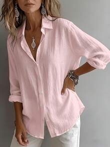 Women's Elegant Resort Style V-Neck Top, Loose And Relaxed Linen Blend Shirt, Suitable For Commuting, Casual, And Artistic Styles, Slimming And Flattering, Everyday Chic, Loose-Fitting, Draping, Breathable, Comfortable, And Relaxed Style. - 粉色 - 查看 4