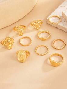 10pcs Exaggerated Rhinestone Crown & Cross Punk Fashion Finger Rings, Suitable For All Occasions, Great Gift Choice, Versatile For Daily Wear, Festive Occasions, And Social Gatherings. An Excellent Gift Choice For Partners, Family, And Friends. - Guld - Visa 5