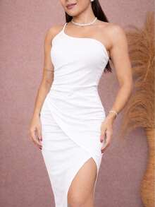 Long Draped Bodycon Dress With Single Straps And Slit - White - View 3