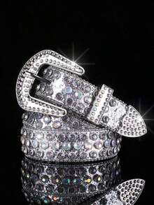 A Men's Multicolor Punk Y2K Denim Rock Laser Rhinestone-Embedded Belt, Suitable For Daily Wear - Silver - View 7
