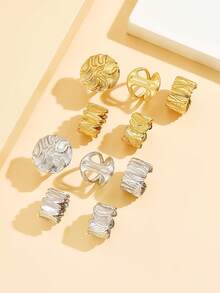 5pcs Asymmetrical Lava Design Open Rings Set, Exaggerated Thick Metal Geometric Stainless Steel Rings, Waterproof Non-Fading Jewelry For Women Party Wear - Geometry - View 10