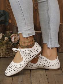 New Lace-Up Hollow Breathable Flat Shoes, Suitable For Work, Casual Walking, Office Lady Shoes - White - View 5